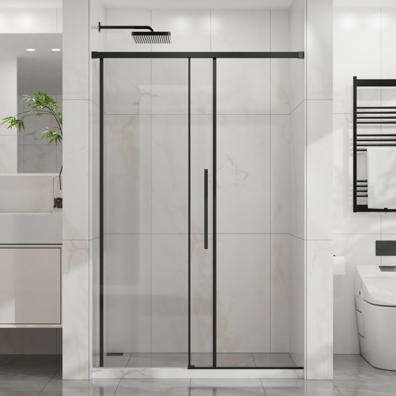 6mm Tempered Glass Semi- Modern Shower Door, Matte Black Stainless Steel Hardware, Adjustable Width, Reversible Left Or Right, Splash Design, Quiet Rollers For Bathroom 48" Wide X 72" High 1/4" (6mm)