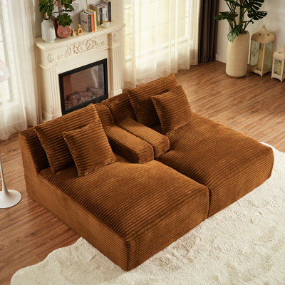 Double Chaise Lounge, Spring Padding, Orange Corduroy, Compressible 2 - Seat , Indoor Reading In Living Room And Bedroom Comfort, No Assembly Required Use,