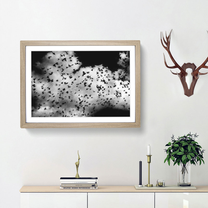 Birds On The Move Painting - Single Picture Frame Print on MDF, 24cm H x 33cm W x 2cm D, Black