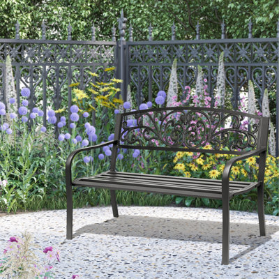 Banc d'extérieur 50 po, banc de jardin en métal avec dossier à motif floral, banc de véranda avec siège à lattes pour parc, cour, pelouse, noir
