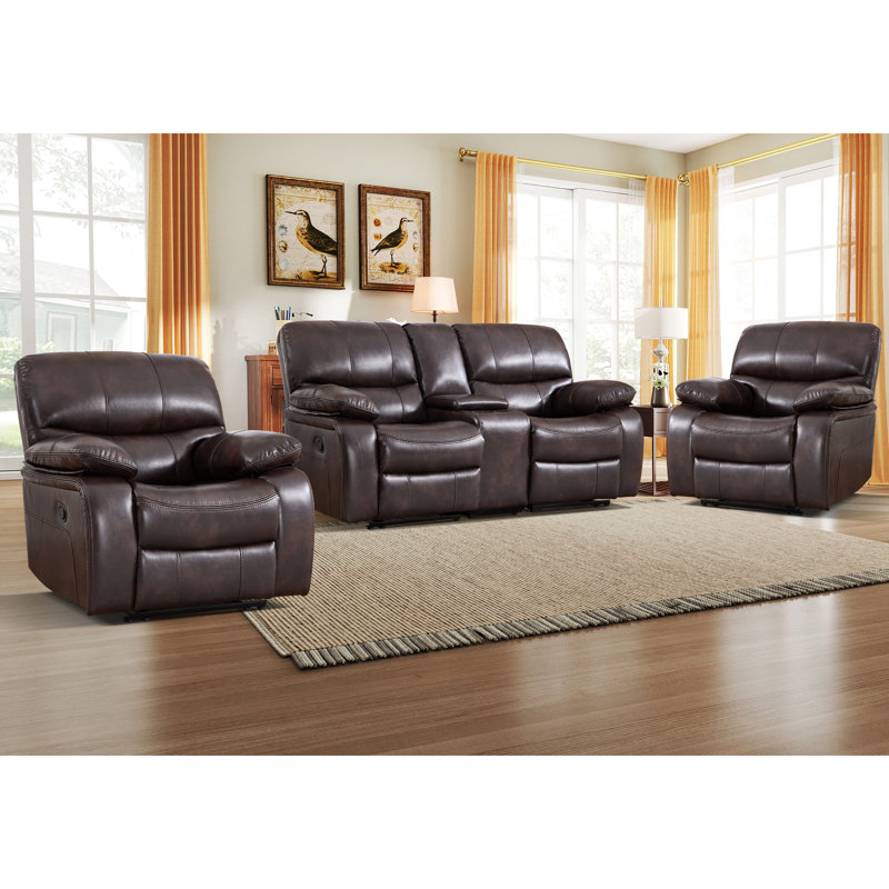 3 - Piece Modern Faux Leather Manual Reclining Living Room Set With Storage Console & Cup Holders, Brown