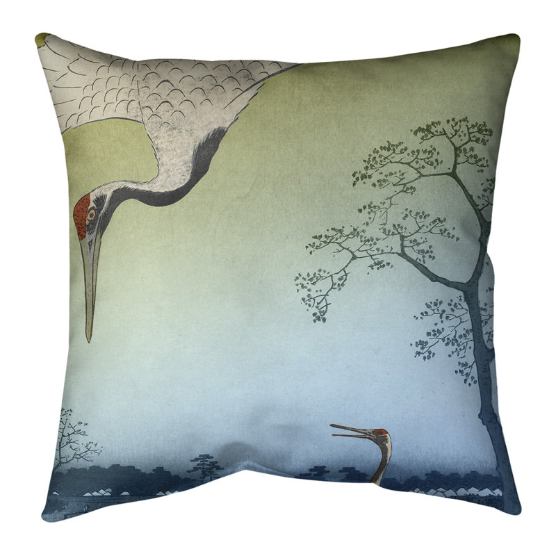 Grue japonaise Utagawa Hiroshige, 18" x 18", Bleu / vert, Housse de coussin seulement