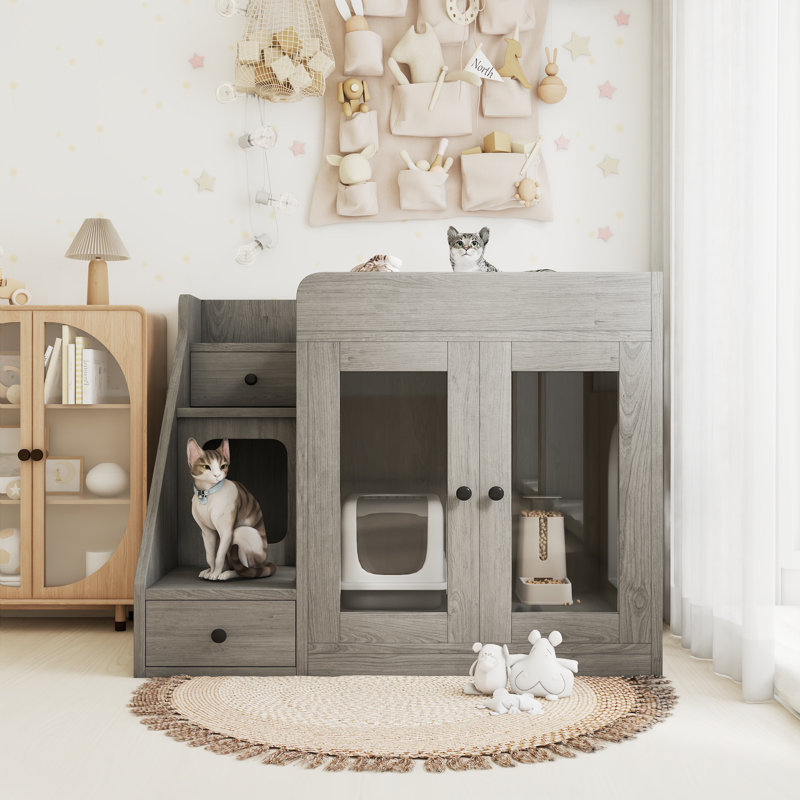 Maison d'intérieur pour chat avec lumière et 2 tiroirs de rangement, Gris