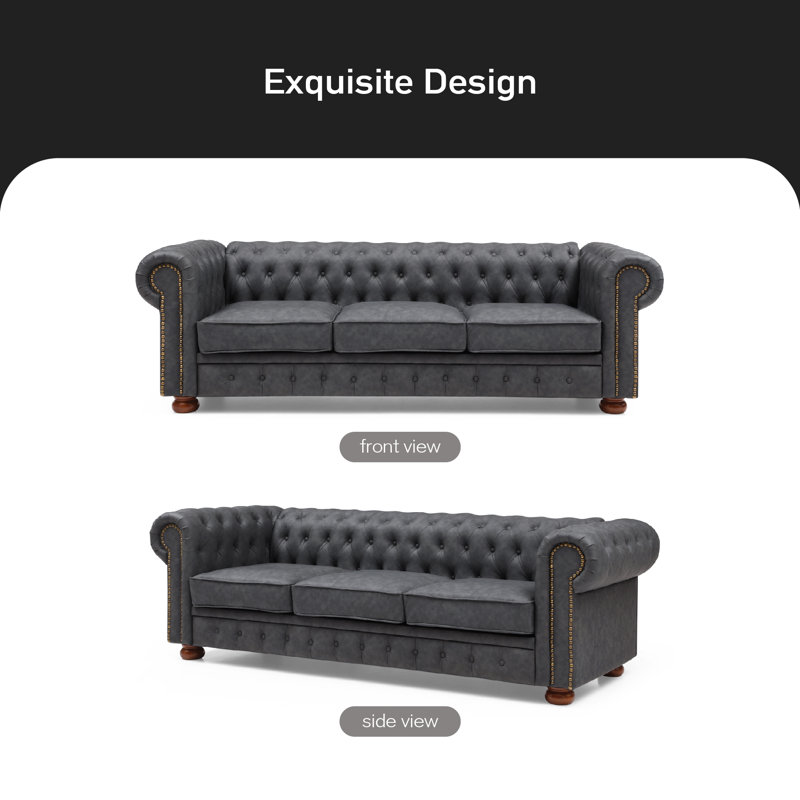 Navas 88.5" Vegan Leather Chesterfield Sofa, Faux Leather Gray