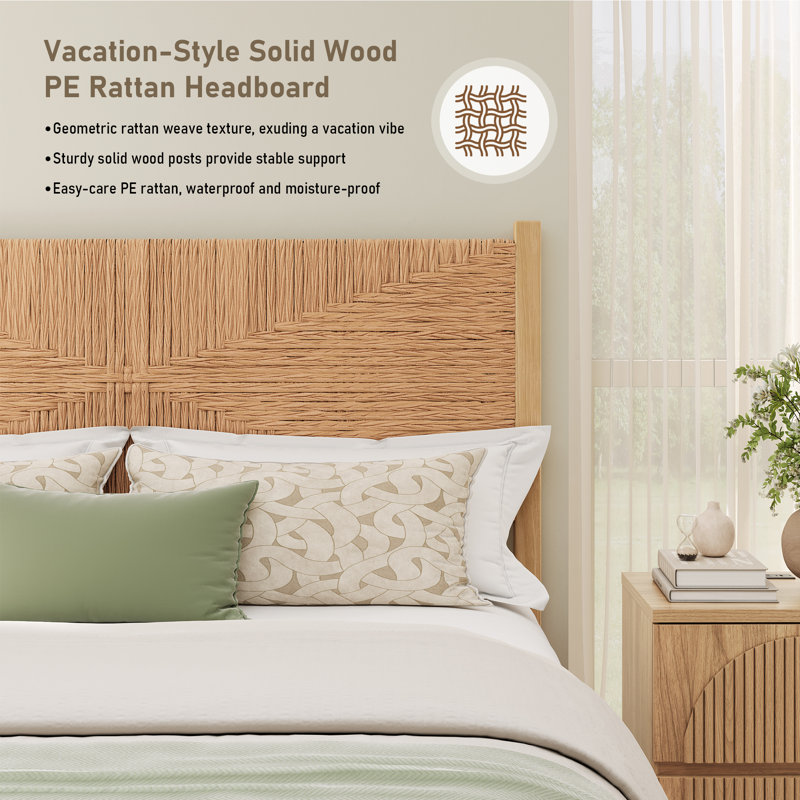 Boho Solid Wood Hand-woven PE Rattan Bed, Queen
