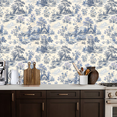 Papier peint adhésif vintage de style champêtre bleu et blanc, amovible et imperméable, motif champêtre, idéal pour chambre, salon et cuisine (17,5 po x 118 po).