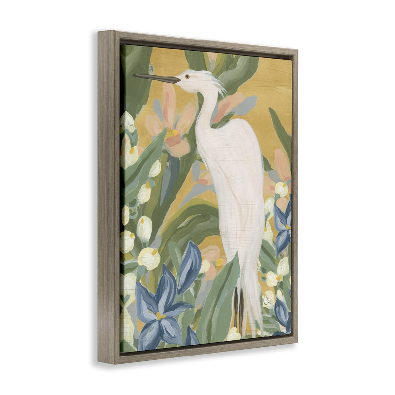"Tropical Aigrette", peinture encadrée brune sur toile par June Erica Vess, Cadre flottant orme Montalcino, H 31 po x l 25 po