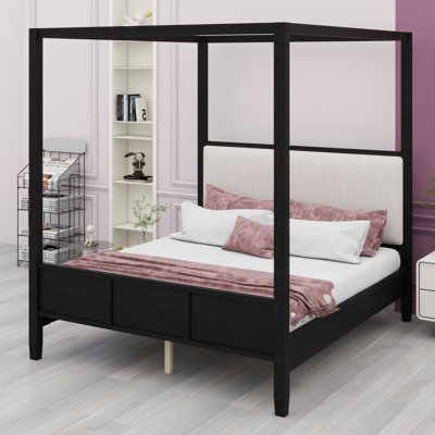 Solid Wood Four-Poster Platform Bed Showcasing a Tufted Upholstered Headboard