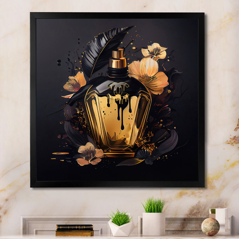 «Chic Black and Gold Perfume Bottle IX», impression sur toile, Impression noire sur toile encadrée