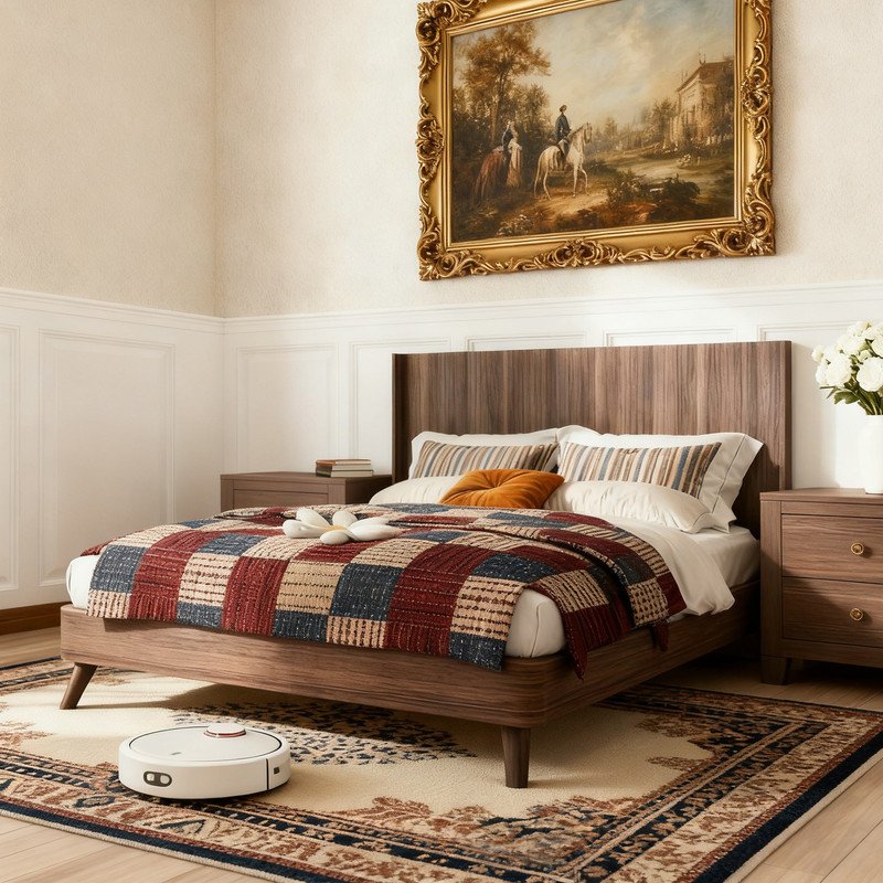 Tête de lit murale moderne en bois avec panneau à oreilles, Marron, Très grand