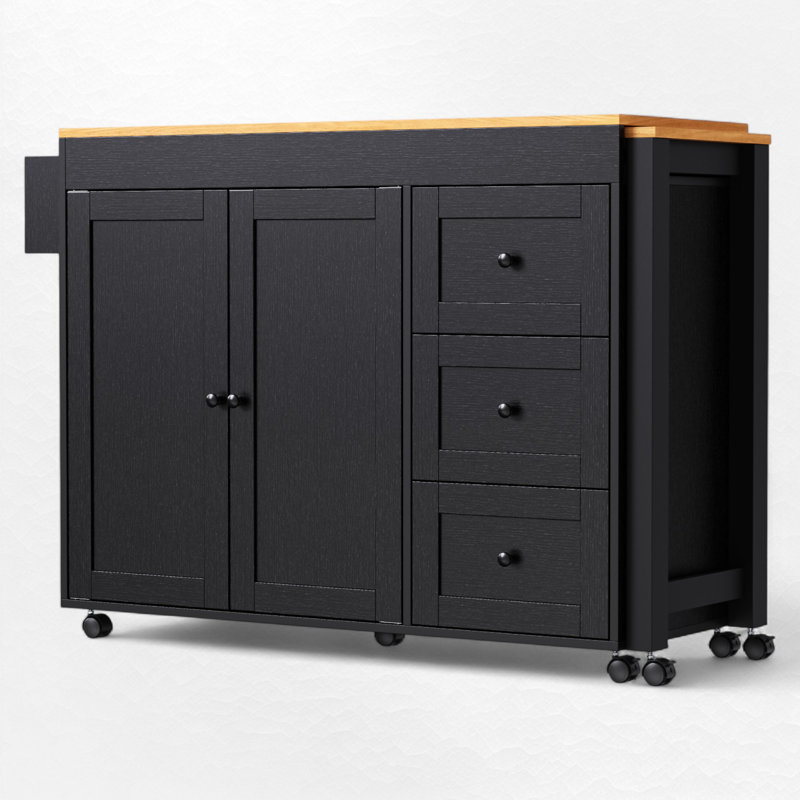 Îlot de cuisine de 48,8 po de largeur avec comptoir extensible, Noir