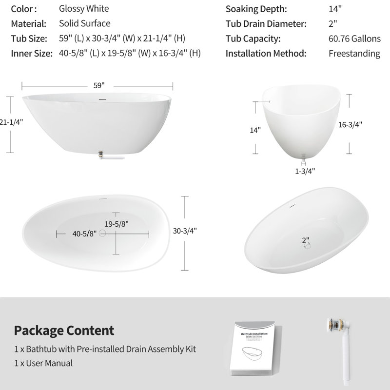 Baignoire autoportante de 59 po, blanc brillant, matériau en résine de pierre, chaleur à long terme, baignoire de trempage à surface solide confortable, bonne isolation thermique, style contemporain