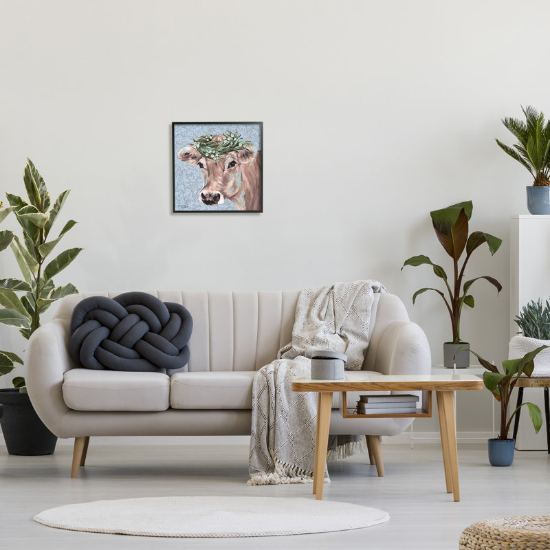Charmante couronne florale de portrait de vache, Giclée encadrée noir minuit, L 17 po x H 17 po