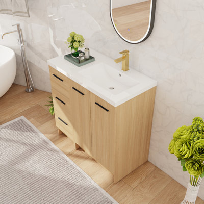 Meuble-lavabo sur pied simple 36 po avec lavabo en résine, meuble-lavabo sur pied avec 2 portes, 3 tiroirs et 1 tablette réglable