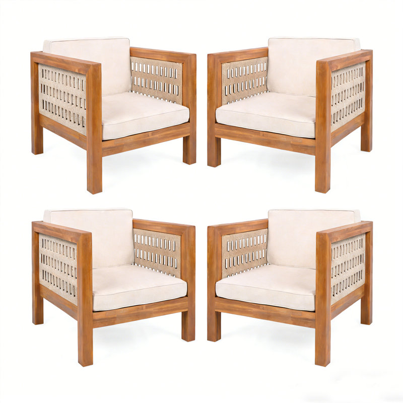 Ensemble de chaises de patio 4 pièces en bois d'acacia avec accoudoirs et coussins en corde, Beige clair