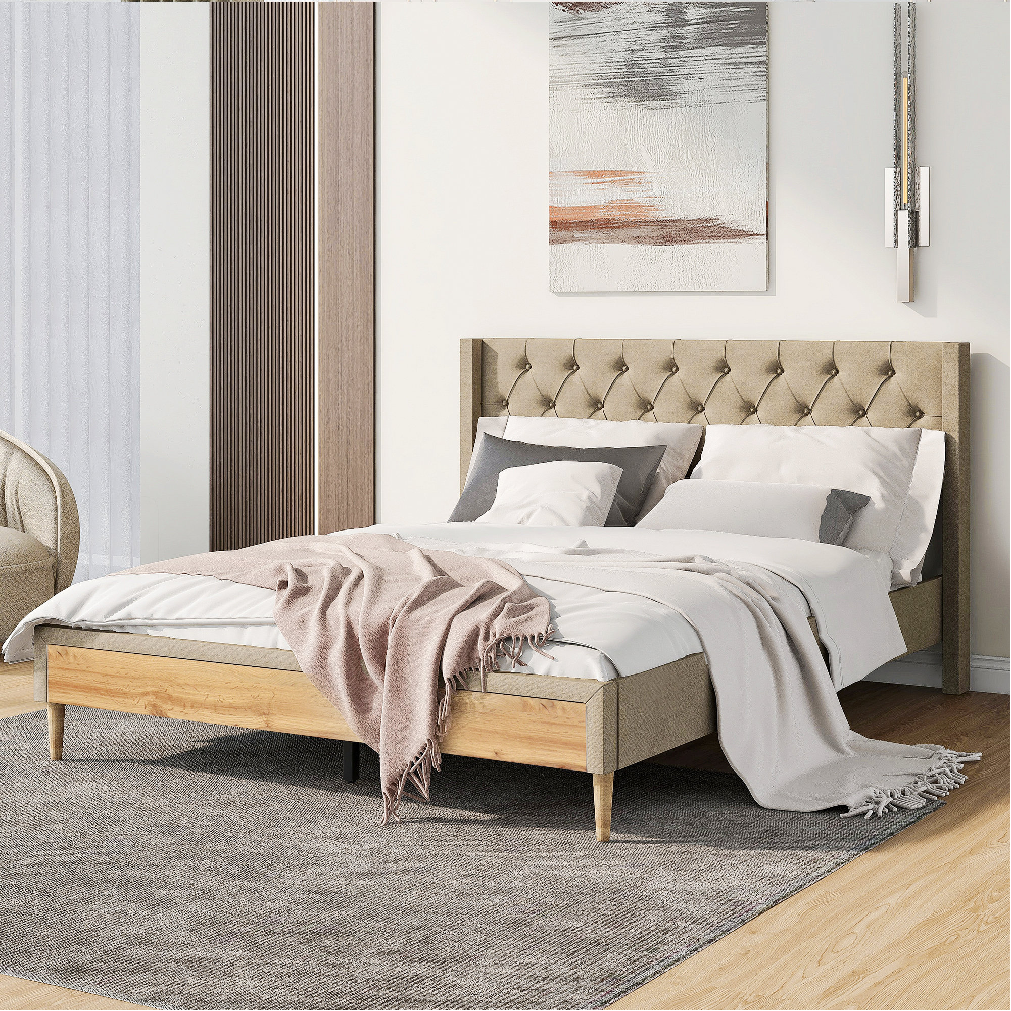 Latitude Run® Upholstered Platform Bed with Rubber Wood Legs Linen ...