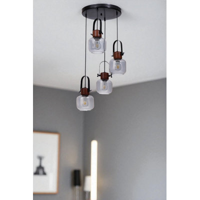 Lustre réglable élégant, structure en métal avec capuchon en verre, 11,8 po x 5,1 po | Finition grise, noyer et noire | 4 ampoules E27 de 40 W maximum (ampoule non incluse) | Parfait pour la salle à manger et l'espace de vie, design élégant