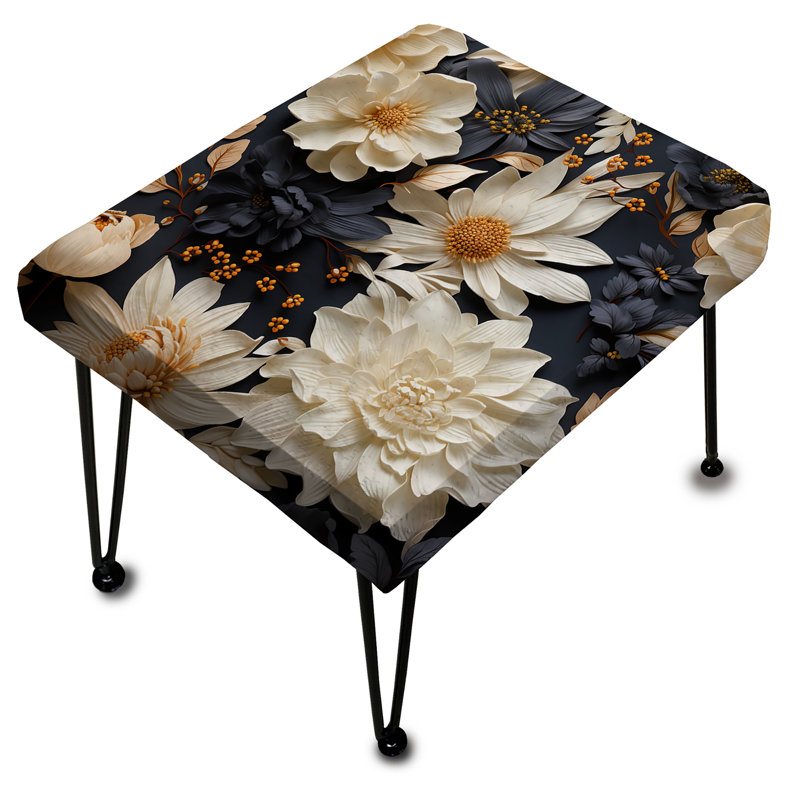 White Dahlia Cottage Collage - Floral Rectangle Ottoman