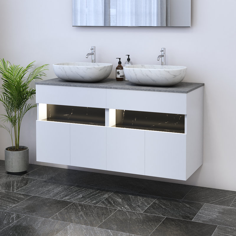 Meuble-lavabo double 47,2 po avec comptoir Lieke, Blanc, Béton