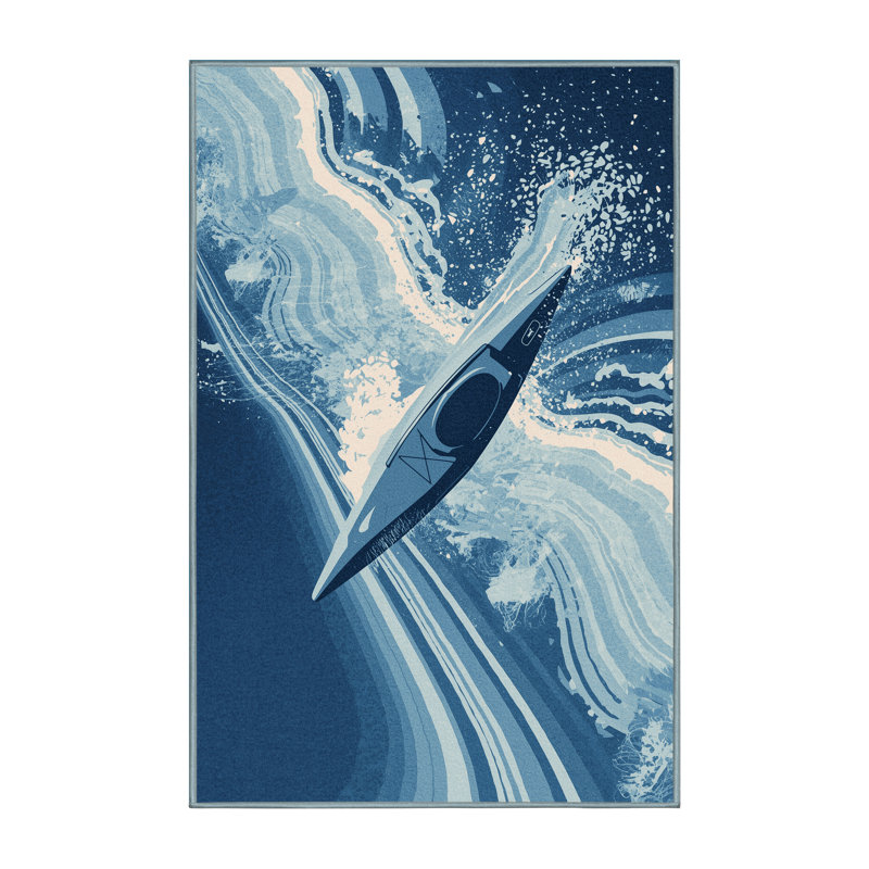 Machine Washable Hubbard Kayak Whitewater Bold & Eclectic Modern Arc Rug in Blue – SkyBlue Binding, 4x6