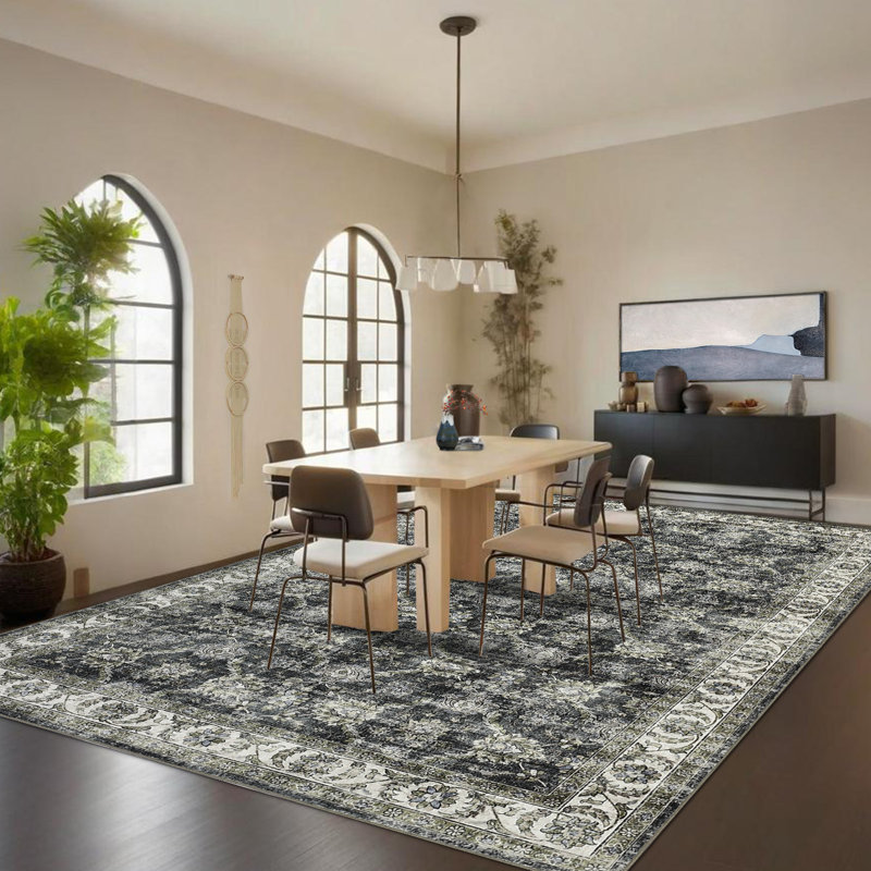 Vintage Area Rugs Floral Print Floor Carpet with Non-Slip Backing Oriental Distressed Indoor Mat Stain-Resistant Low Pile Accent Rug for Bedroom Kitchen Laundry