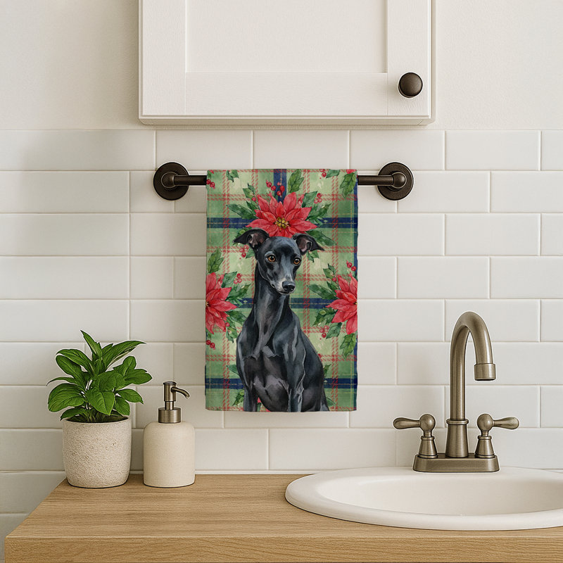 Black Italian Greyhound Christmas PoinsettIas Kitchen Towel, Black Italian Greyhound