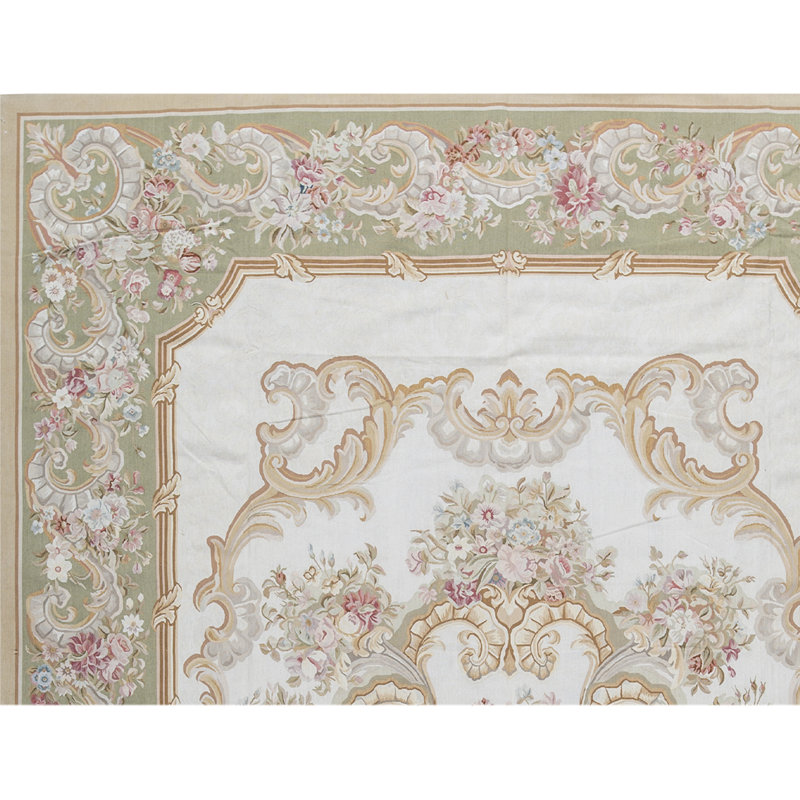Hand-Knotted High-Quality Ivory and Green Area Rug