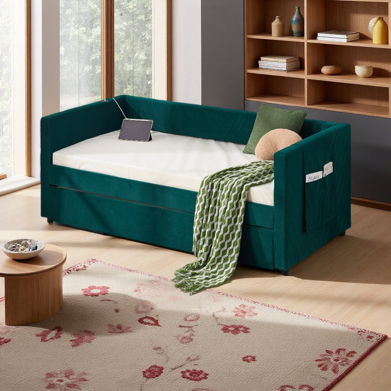 Twin Size Upholstered Daybed With Trundle,USB Port ,Side Pockets, Modern V-Grained Backrest Design,No Box Spring Needed, For Bedroom, Guest Room