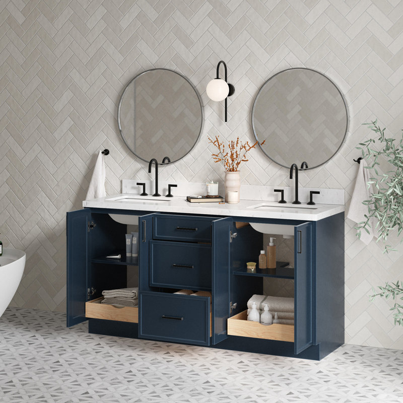 Ariel Kelly 66 Inch Double Rectangular Sink Bathroom Vanity With Carrara Quartz Countertop, Midnight Blue