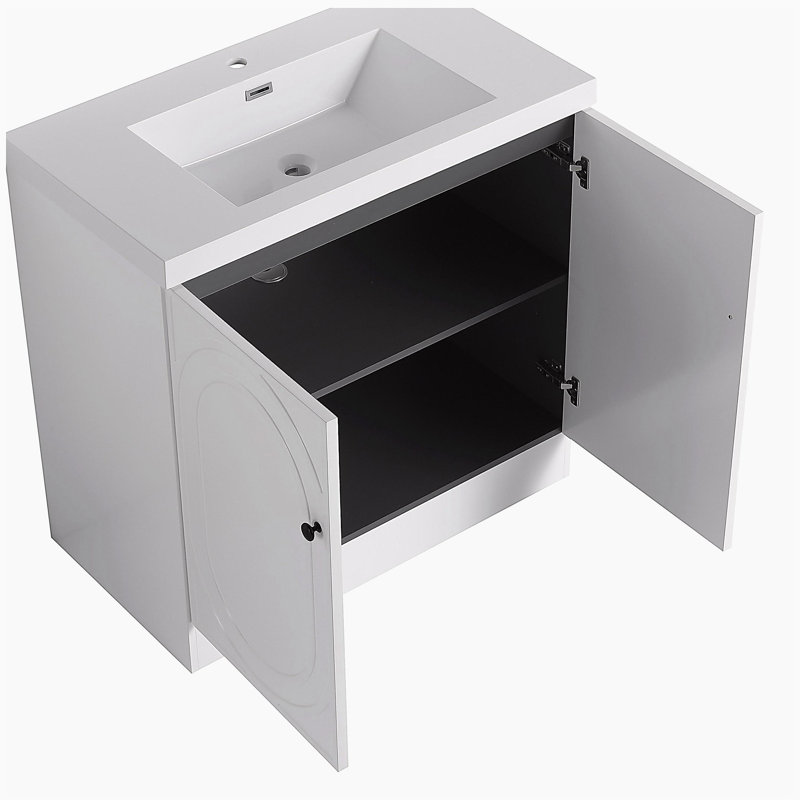 Lavabo de salle de bain indépendant 36 po en résine blanche et 2 portes d'armoire à fermeture en douceur, Blanc