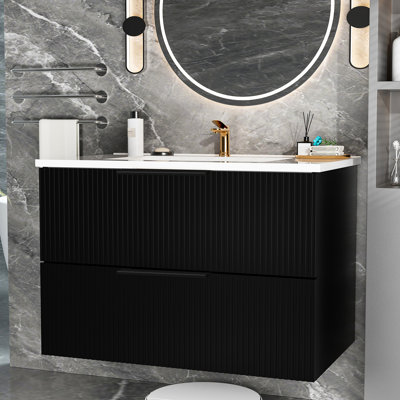 Meuble-lavabo mural blanc moderne flottant mural de 24 po avec lavabo en céramique et deux tiroirs, grand rangement, premier tiroir cannelé en forme de U, espace de rangement
