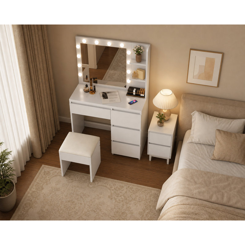 Balconera Dressing Table With Mirror,4-drawers Makeup Vanity Table Set For Bedroom Makeup Desk