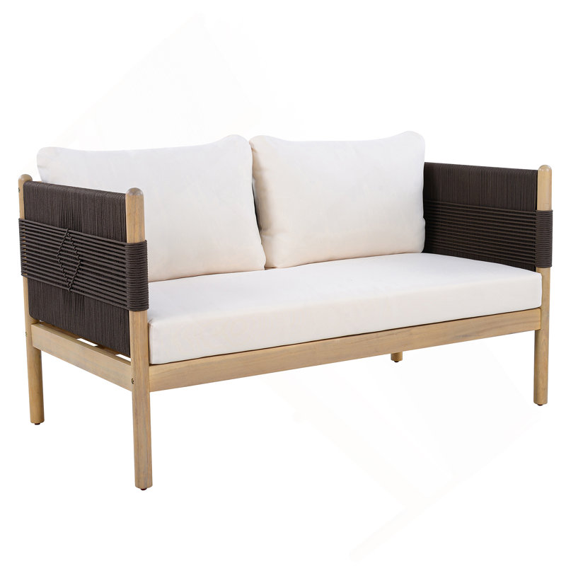 Causeuse d'extérieur en acacia avec tissage en corde de diamant et coussins moelleux, Bois naturel