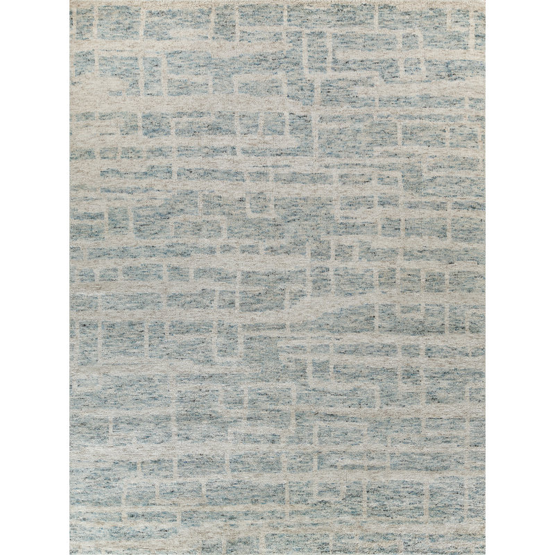 Aldridge Geometric Hand-Knotted Light Blue Area Rug, Rectangle 9' x 12'