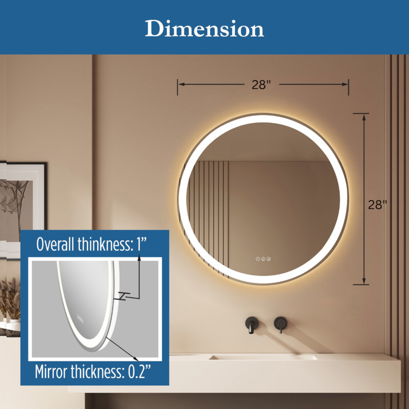 Miroir de salle de bain à DEL 28 po x 28 po à intensité variable sans cadre, Round