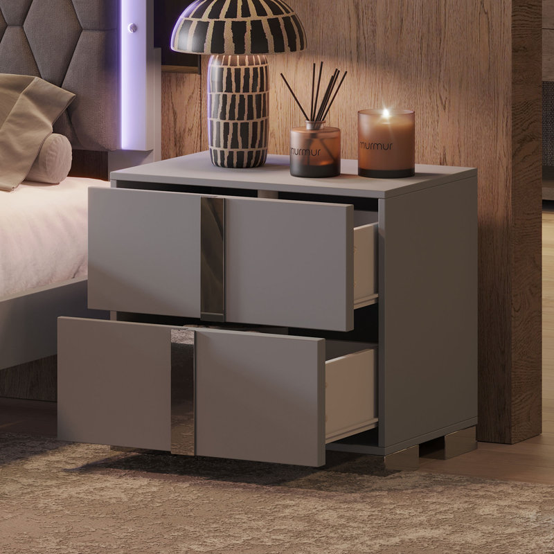 Table de chevet élégante, poignée en métal, miroir, 2 tiroirs, gris
