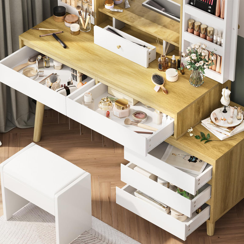 Makeup Vanity Dressing Table With Open Shelves & Large Mirror & 6 Storage Drawers