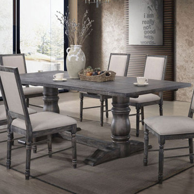 Table rectangulaire à tréteaux avec piédestal double tourné, gris vieilli