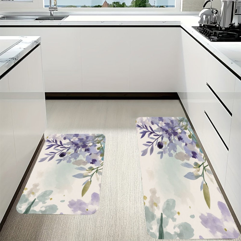 Soft Purple Florals, 2 Pcs Non Slip Kitchen Mats, Purple/Green Floral