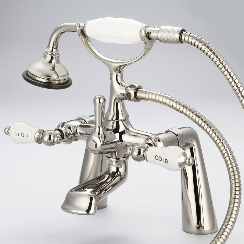 Stonington 3 Handle Deck Clawfoot Tub Faucet, Hot and Cold Labeled Porcelain Lever Handles, Polished Nickel