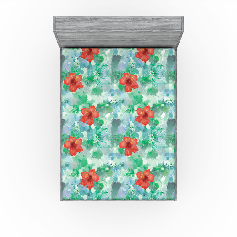 Drap-housse Ambesonne Tropical Aquarelle Botanique Hibiscus, California King Fitted Sheet