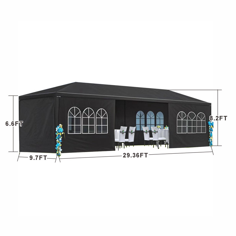 10 pi. L 30 pi. D pavillon de jardin en acier avec 8 parois latérales amovibles, tente de fête de mariage imperméable, noir