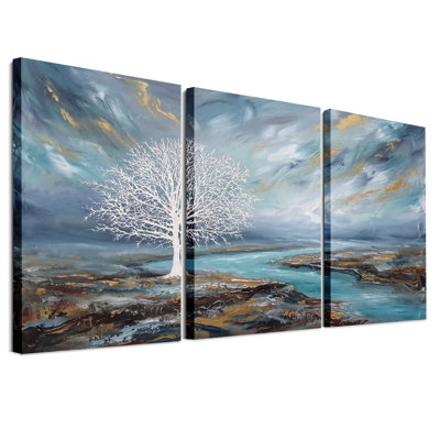 «White Tree by Turquoise Water and Gold Sky», ensemble de 3 toiles murales