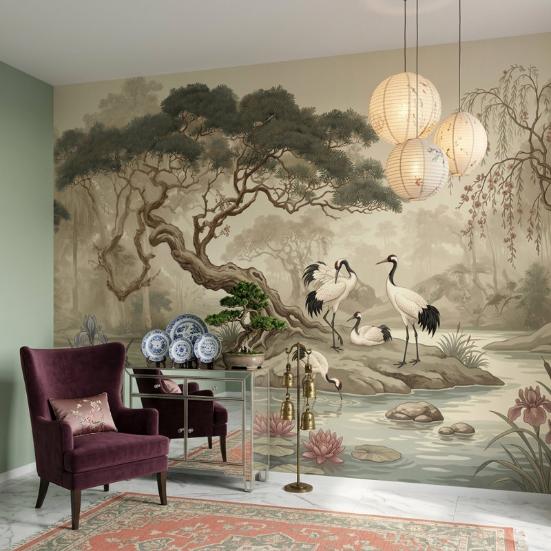 Misty Landscape Wallpaper Cranes Pond Removable Wall Decor, Non-Woven Nonpasted, 160"x108"