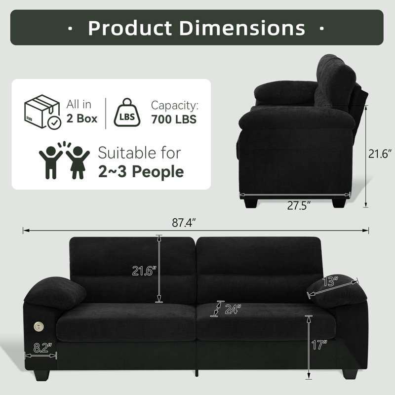 Causeuse surdimensionnée 87 po avec ports de chargement rapide intégrés, canapé en chenille à assise très profonde 87 po