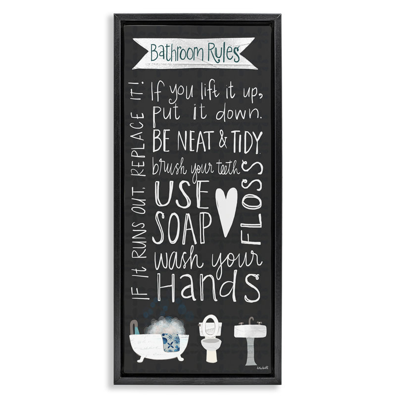 "Whimsical Bathroom Rules", art mural encadré flottant doré par Katie Doucette, Cadre flottant noir de jais