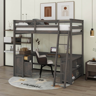 Full Size Loft Bed With U-Shaped Desk, Drawers And Shelves