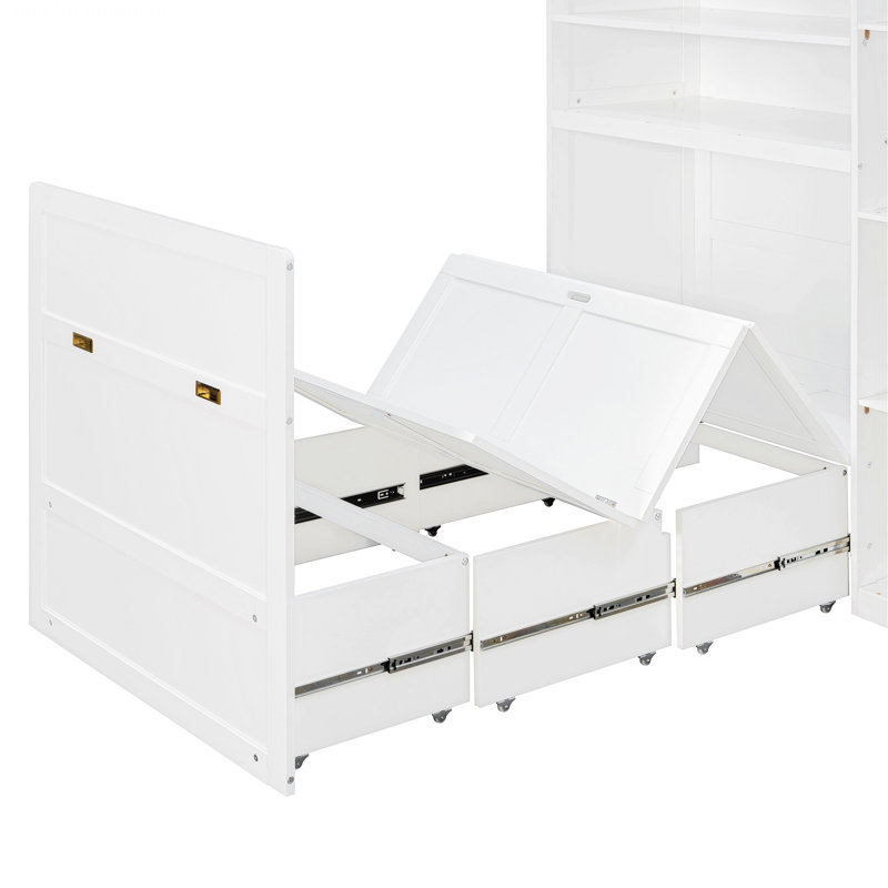 Cadre de lit moderne, lit escamotable avec armoire, étagères de rangement, étagères d'affichage DEL à 5 niveaux, Blanc