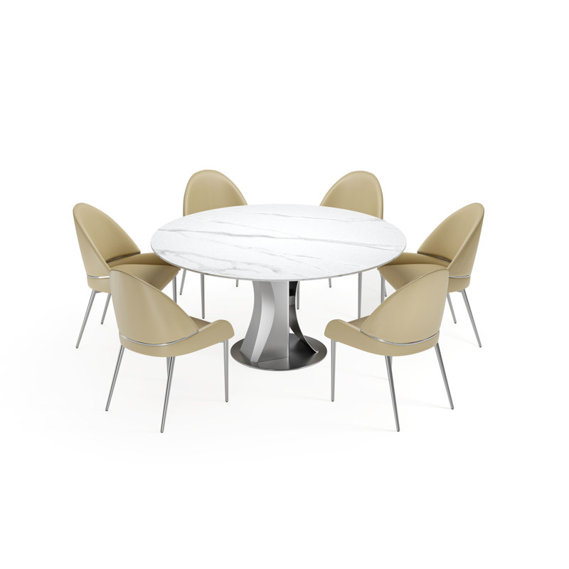Akshayaa Round Stone Top Metal Base Dining Table, Snow Mountain Stone Top/Silver Base, 30" H x 54" L x 54" W