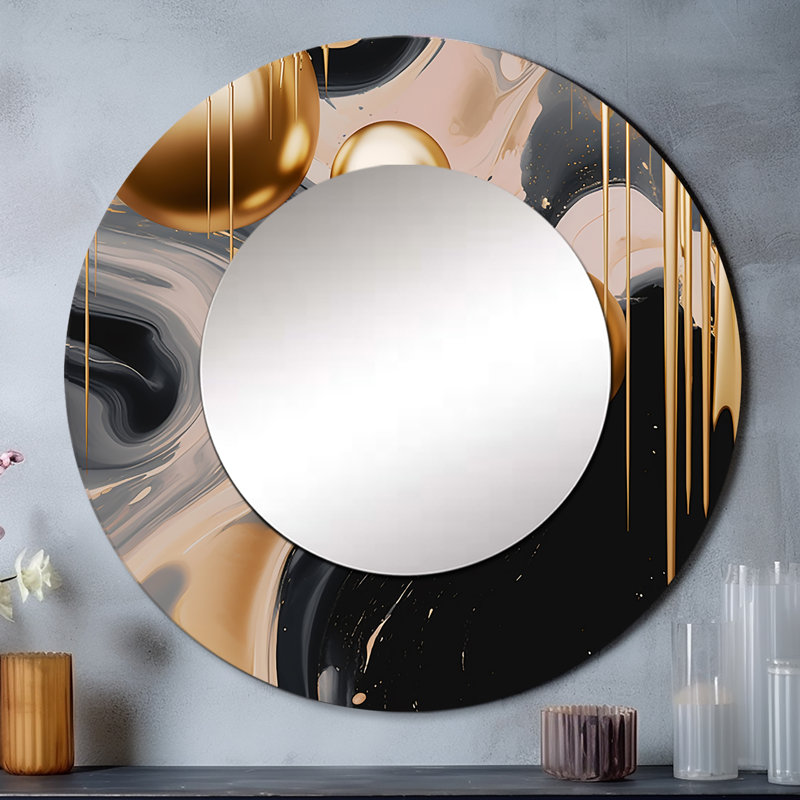 Doré et noir Mystic MÚlange I - miroir de formes abstraites, miroir mural rond unique moderne, art imprimé en métal